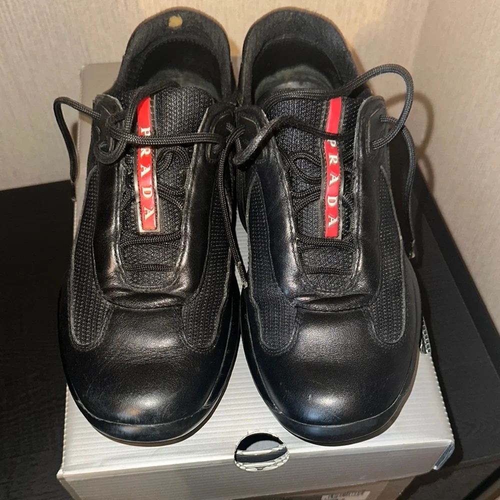 Prada Black Sneakers with Red Logo Tape - Picture 3 of 9